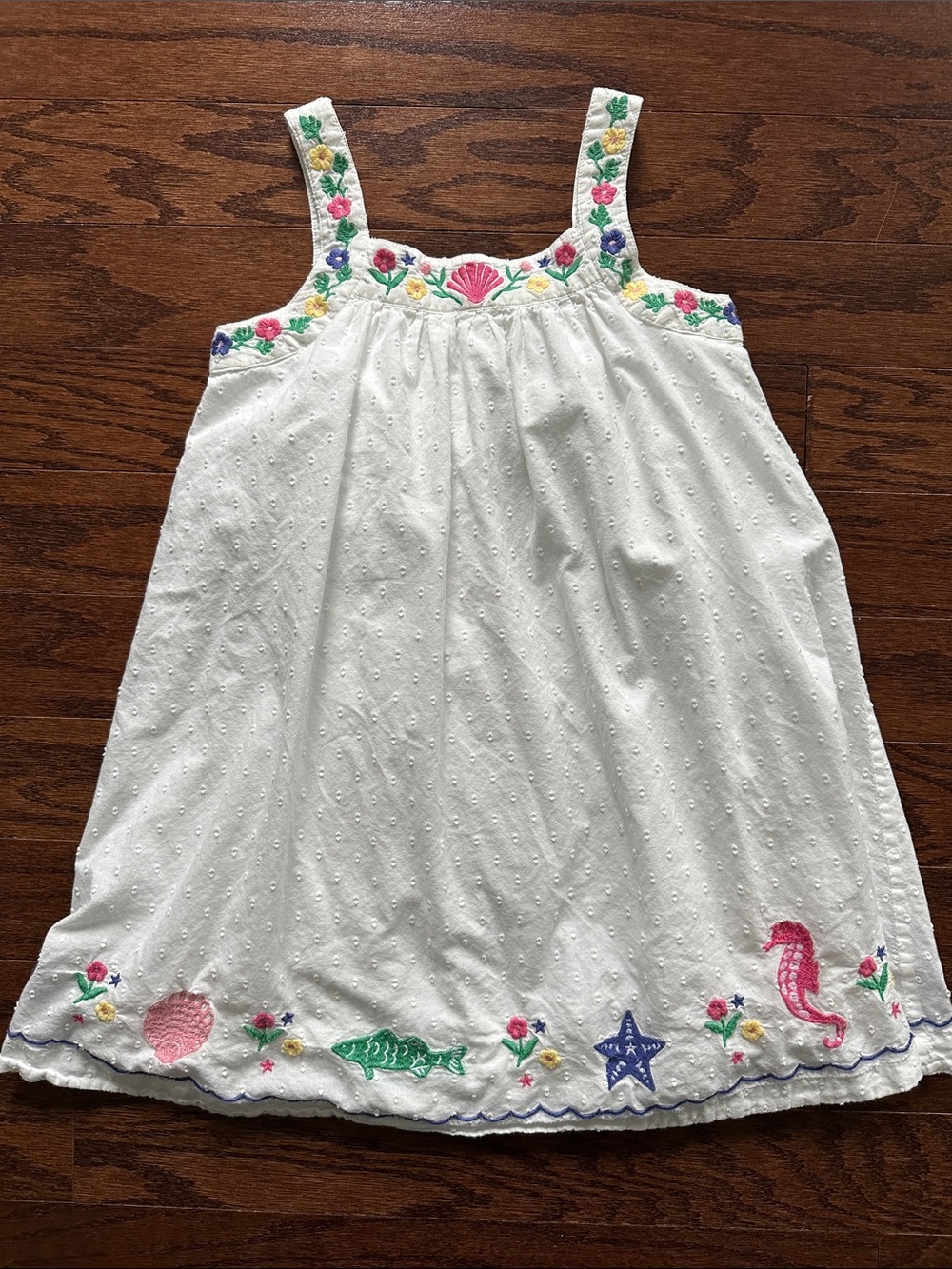 MiniBoden White Eyelet Sundress with Colorful Sea Embroidery